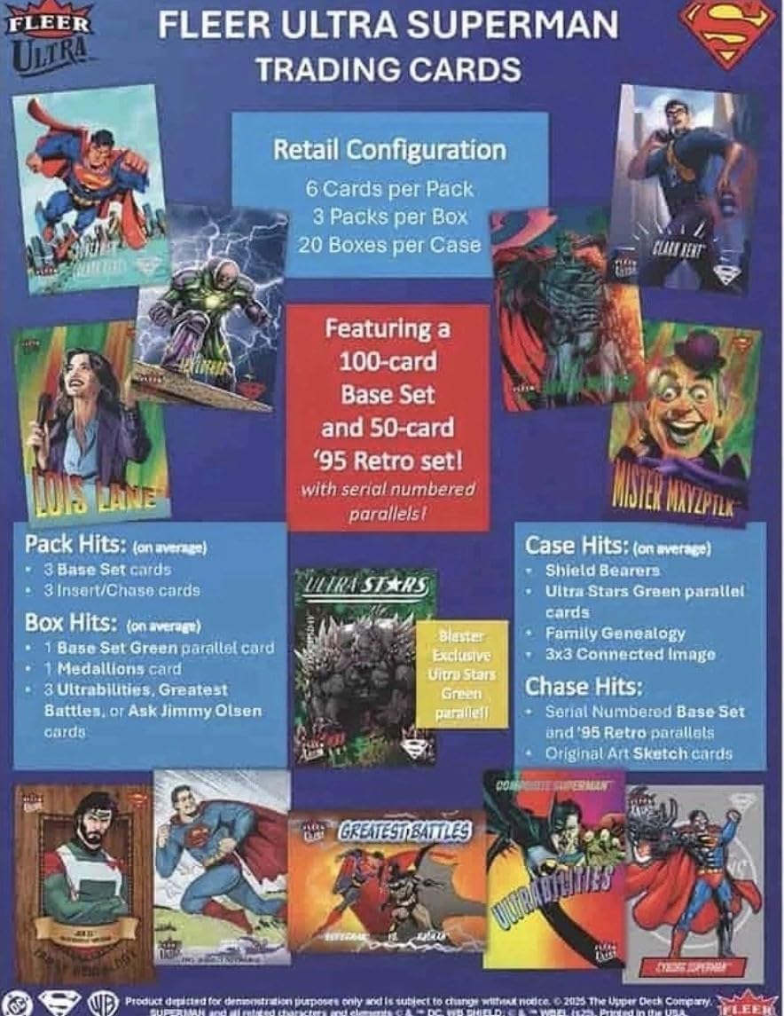 2026 Upper Deck Fleer Ultra Superman Blaster Box with Chance for Blaster Exclusive Ultra Stars Green Parallels and Other Inserts