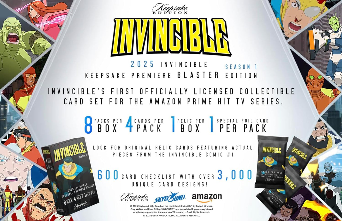 2025 Invincible Season 1 Keepsake Premiere Blaster: 8 Packs Per Box, One Guaranteed Relic, Chase Rare Autos and Patches