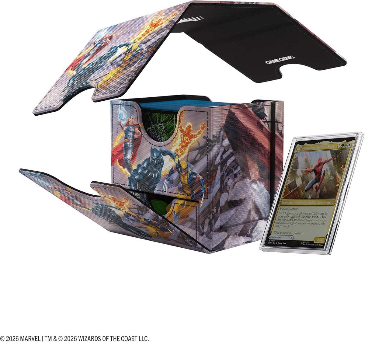 Gamegenic Magic: The Gathering Marvel Super Heroes Sidekick PRO 100+ XL Deck Box – Premium Convertible Commander Deck Storage with Card Display Case & Token Drawer