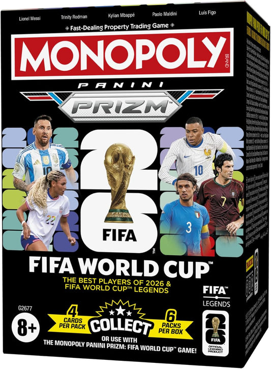 2026 Monopoly Panini Prizm: FIFA World Cup Trading Cards Booster Box | Current Stars and FIFA World Cup Legends | Gifts for Soccer Fans