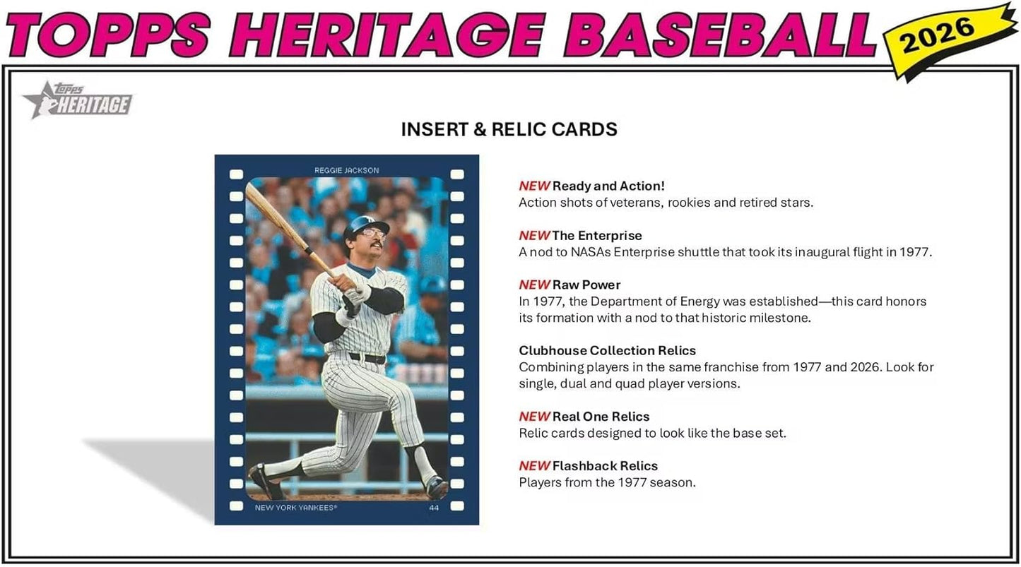2026 Topps Heritage Baseball Series 64 Card Value Box Featuring Blaster Exclusive Dark Green and Pink Sparkle Parallel Cards Plus a Chance for Relics and Autographs