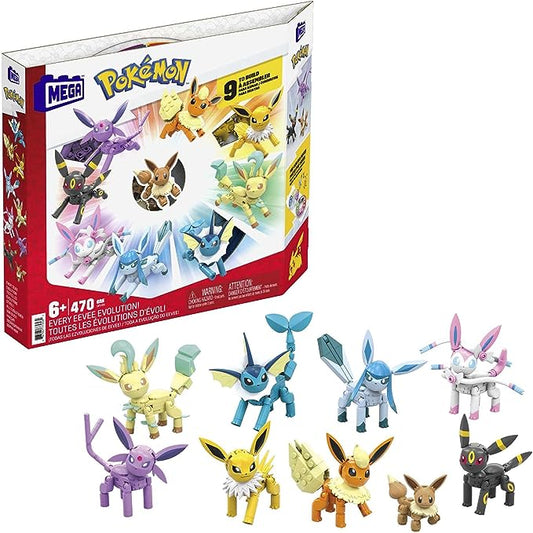 MEGA Pokemon Action Figure Building Toys for Kids, Every Eevee Evolution with 470 Pieces, 9 Poseable Characters, Gift Idea