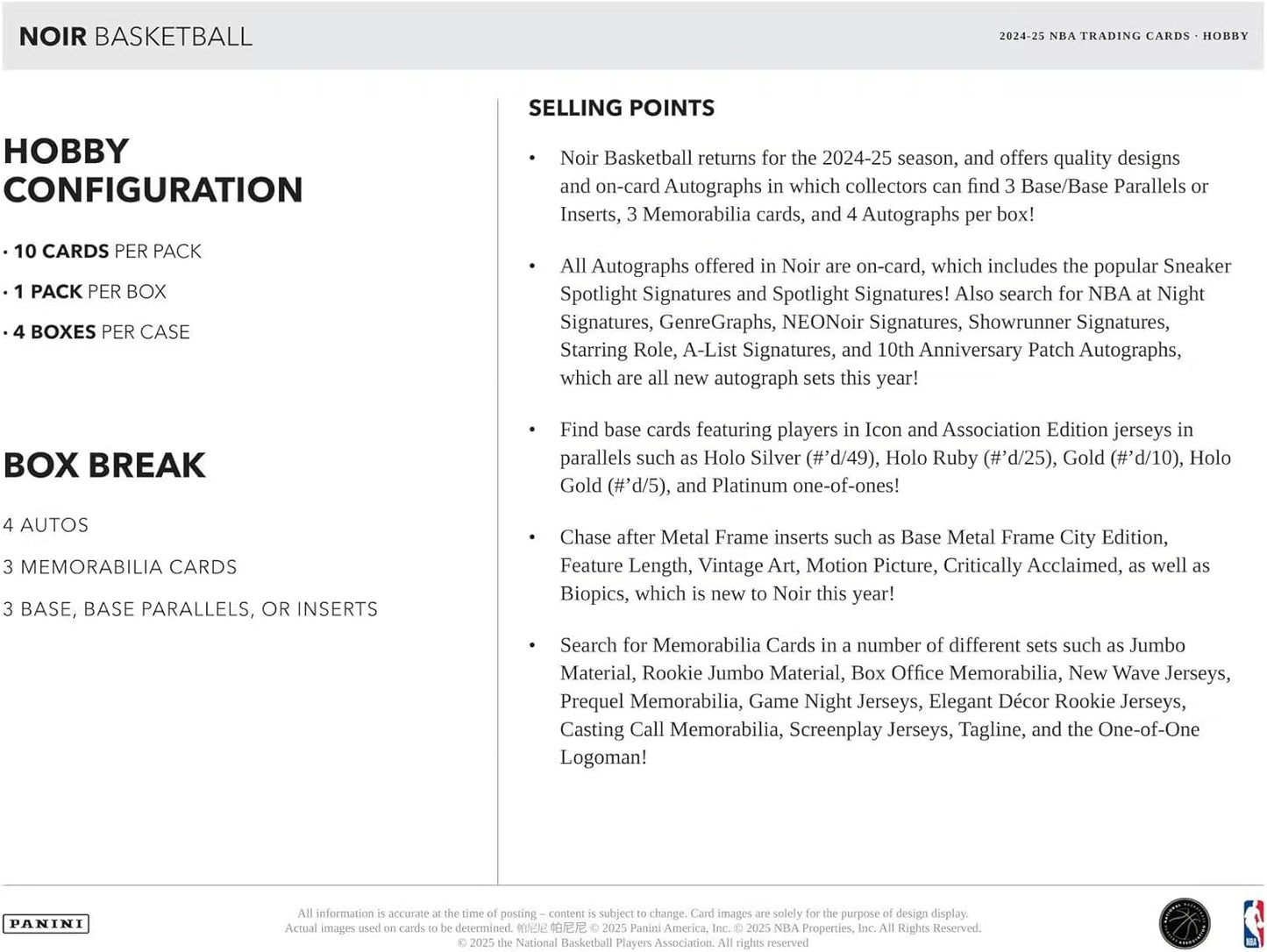 Panini 2024-25 Noir Basketball Hobby Trading Card Box (Four Autographs + 3 Memorabilia Cards Per Hobby Box)