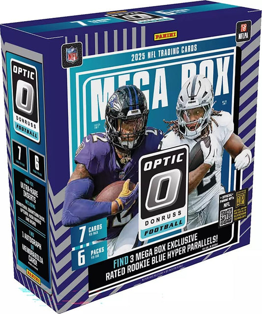 Panini 2025 Donruss Optic Football Trading Card Mega Box [6 Packs, Blue Hyper Parallels]