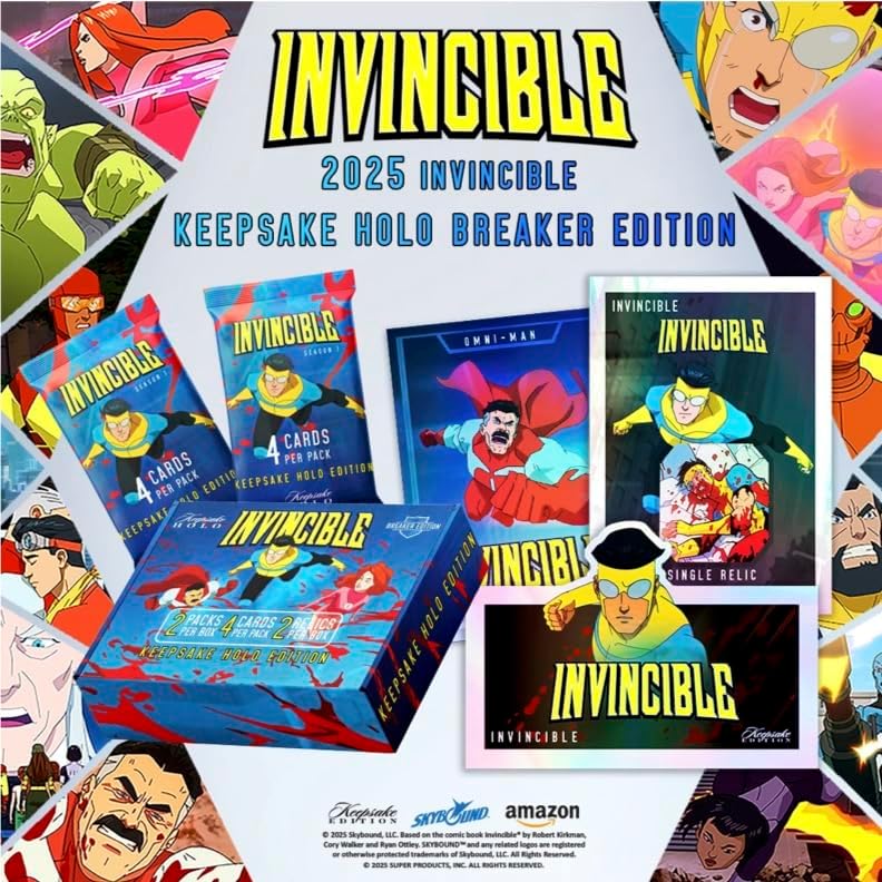 Keepsake 2025 Invincible Season 1 Keepsake Holo Breaker Box, Breakers Edition, 2 Packs Per Box, Holo Mirror Cards, Relics, Case-Based Inserts, 600-Card Checklist