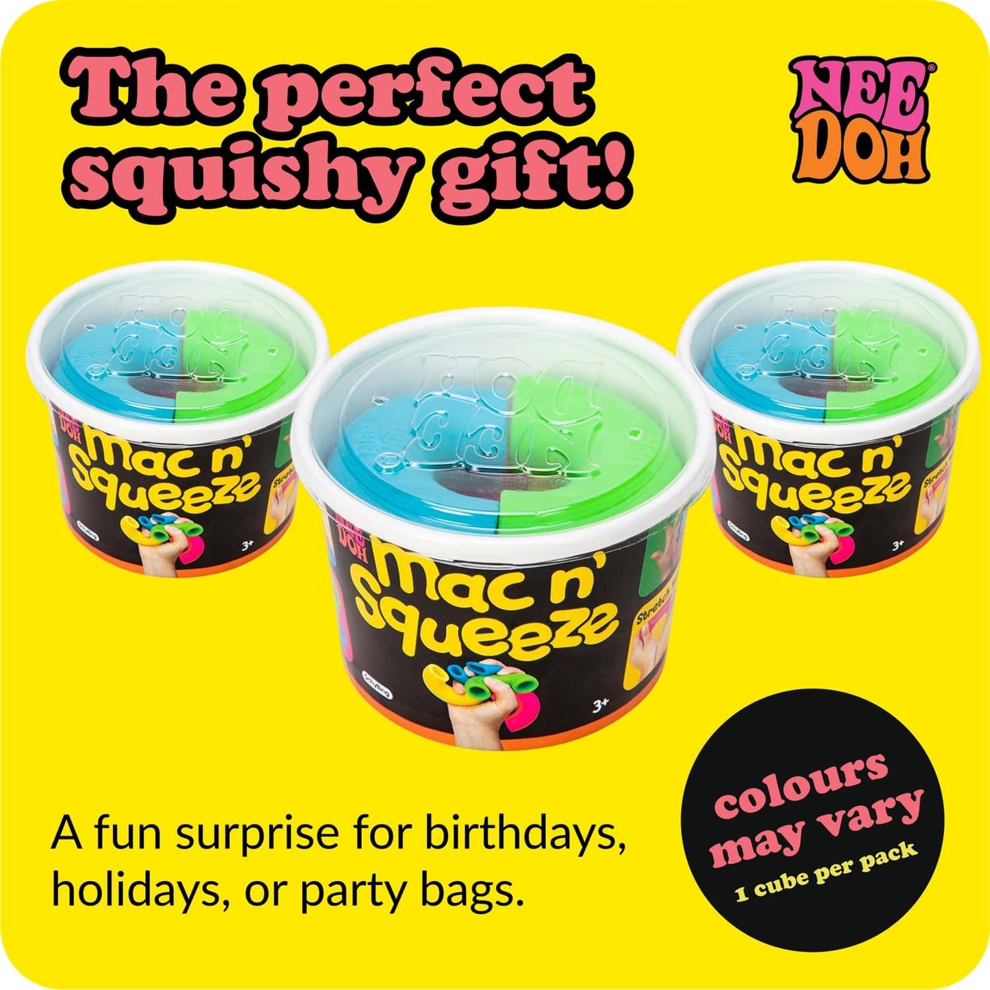 Schylling NeeDoh Mac 'N' Squeeze - Sensory Squeeze Toy - Contains 4 Squishy Noodles - 3" Wide - Color May Vary (Pack of 1)