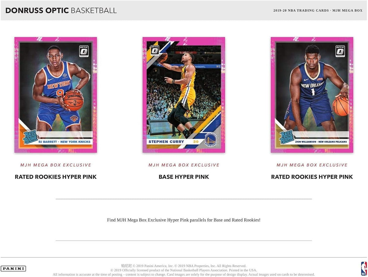 2019-20 Panini Donruss Optic MEGA Basketball Card Box - With 10 Hyper Pink Prizms - Look for Valuable Zion Williamson Holo Rookie Cards! 42 Cards Per Box.
