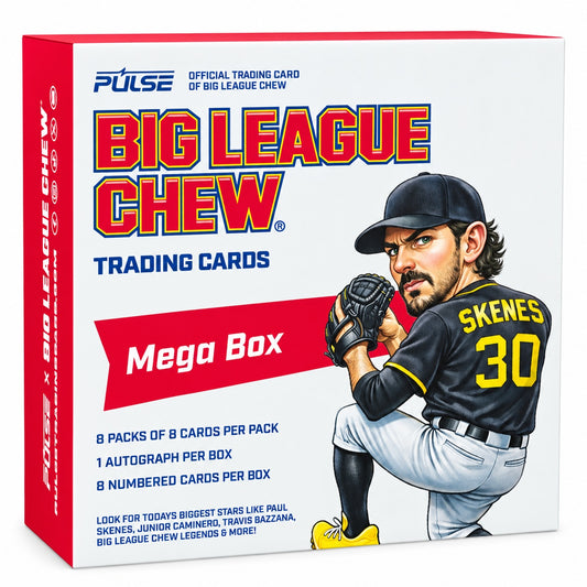 Pulse x Big League Chew Baseball Trading Cards Mega Box – 8 Packs – 8 Cards Per Pack – 64 Cards – 1 Autograph & 8 Numbered Cards