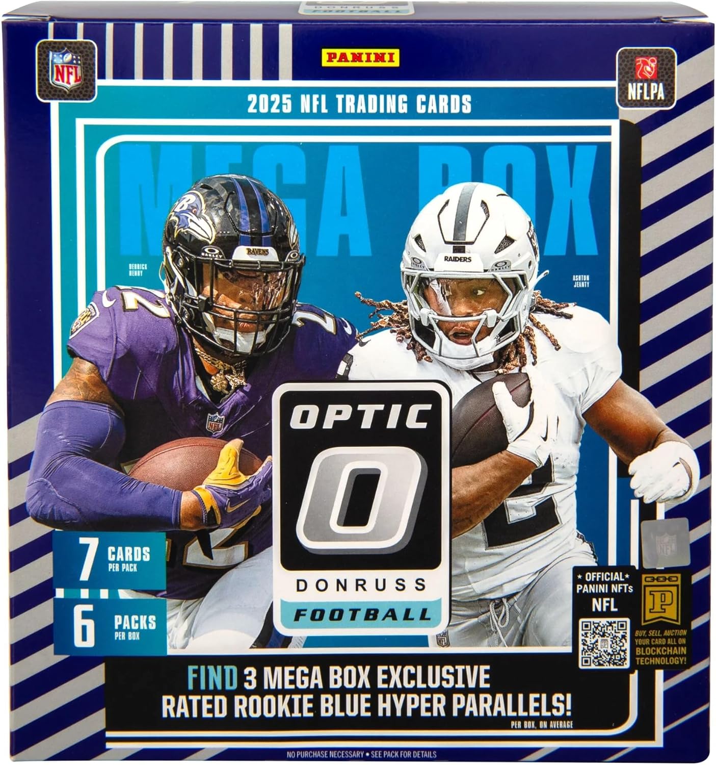 Panini 2025 Donruss Optic Football Trading Card Mega Box [6 Packs, Blue Hyper Parallels]