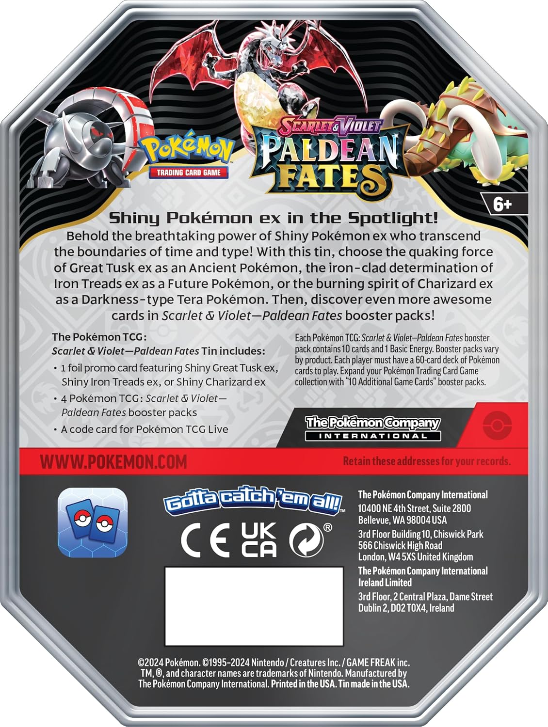 Pokemon TCG Scarlet & Violet Paldean Fates ex Tin - Iron Treads ex - 4 Packs