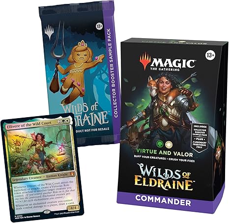 Magic The Gathering Wilds of Eldraine Commander Deck - Virtue and Valor (100-Card Deck, 2-Card Collector Booster Sample Pack + Accessories)