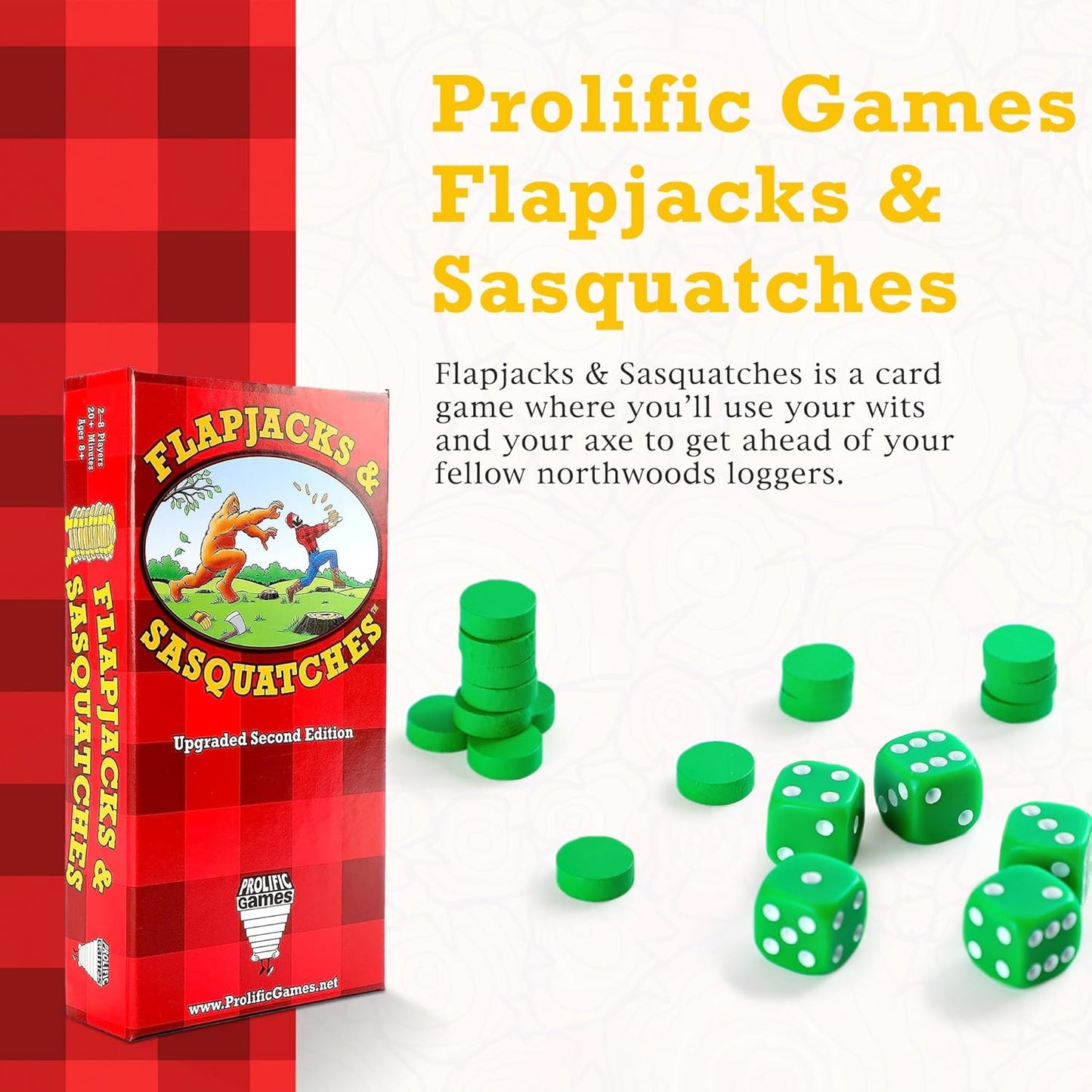 Prolific Games Flapjacks & Sasquatches - Upgraded 2nd Edition, Family Card & Dice Game for 2-8 Players, 20-Minute Rounds, Fun for Kids & Adults, Perfect for Family Game Nights and Camping Trips