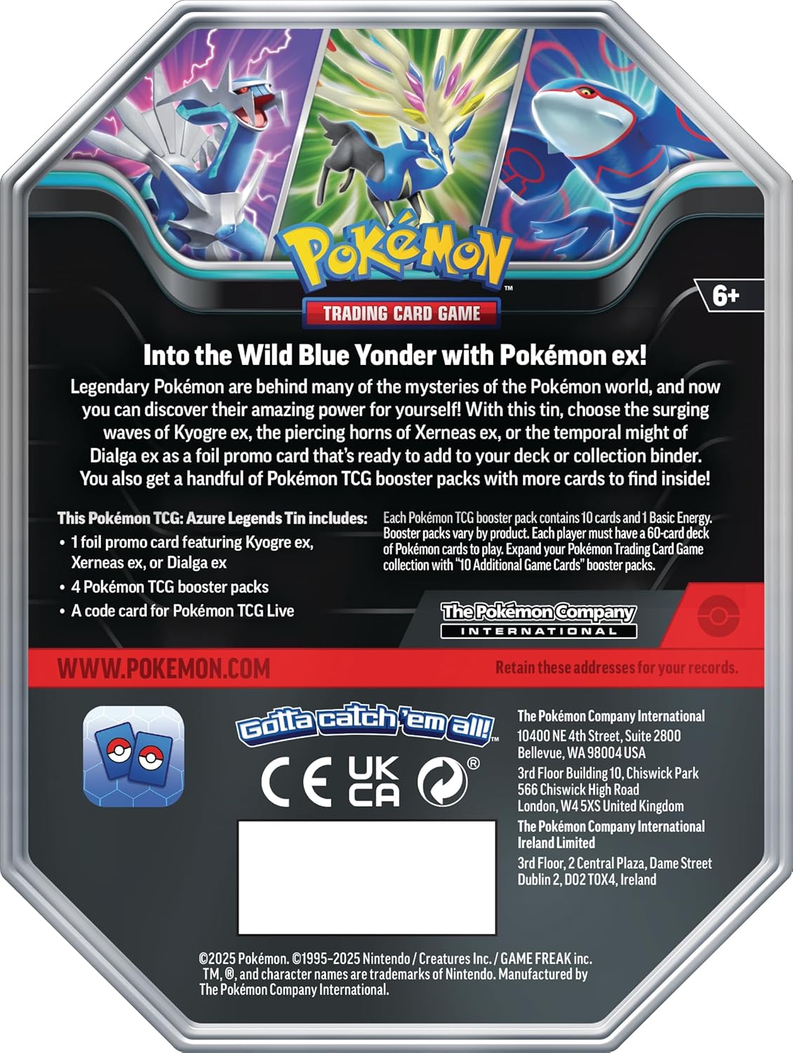 Pokemon TCG: Azure Legends Tin – Dialga ex (4 Booster Packs & 1 Foil Promo Card)