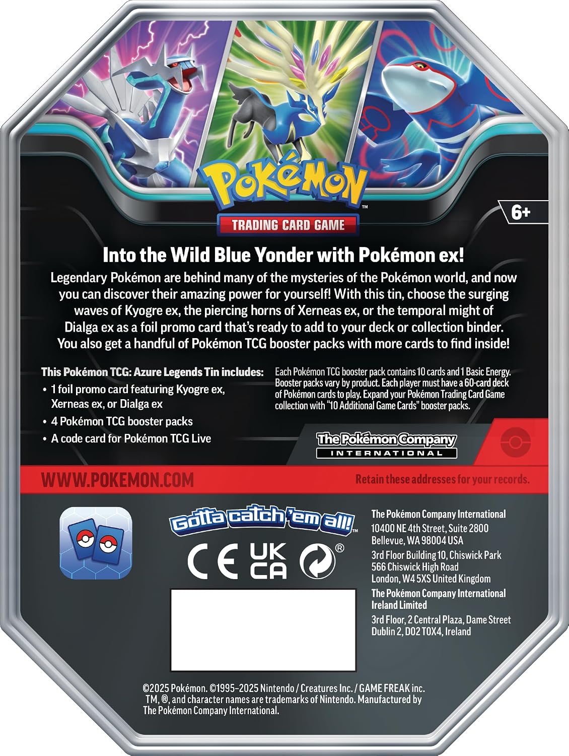 Pokemon TCG: Azure Legends Tin – Kyogre ex (4 Booster Packs & 1 Foil Promo Card)