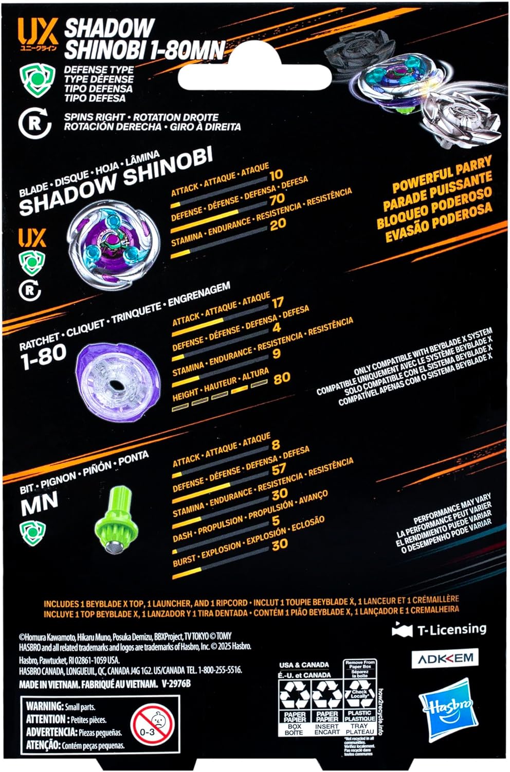 Beyblade X Shadow Shinobi 1-80MN UX Starter Pack Set with Defense Type Top and Launcher; Authentic Takara Tomy Battle Tops Games/Toys for Boys and Girls 8+