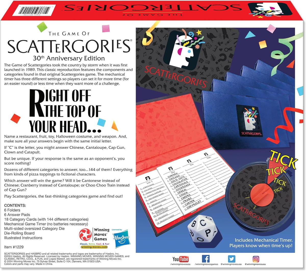 Winning Moves Games Scattergories 30th Anniversary Edition Board Game – Classic Word and Categories Party Game, Mechanical Timer, 2–6 Players, Ages 12+