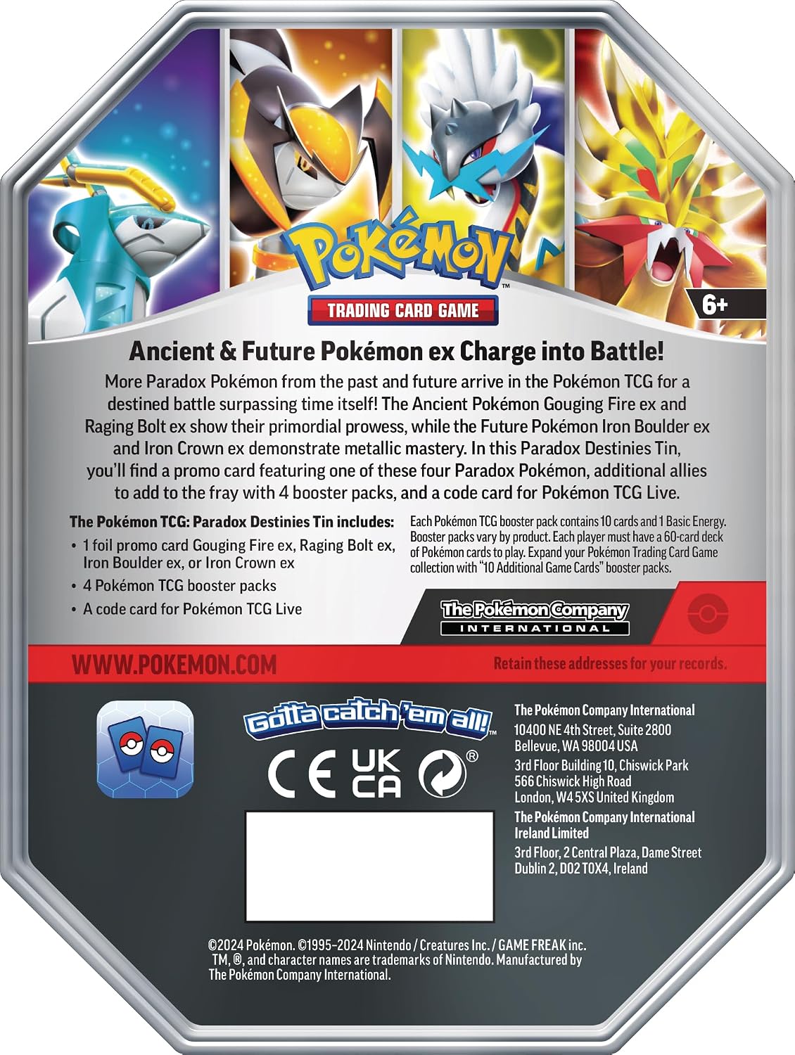 Pokemon TCG: Paradox Destinies Tin - Raging Bolt ex (1 Foil Promo Card & 4 Booster Packs)