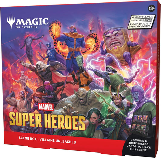 Magic: The Gathering Marvel Super Heroes Scene Box - Villains Unleashed - 6 Foil Borderless Scene Cards, 6 Art Cards, 3 Play Boosters + Display Easel - Presale Ships 06/26/2026