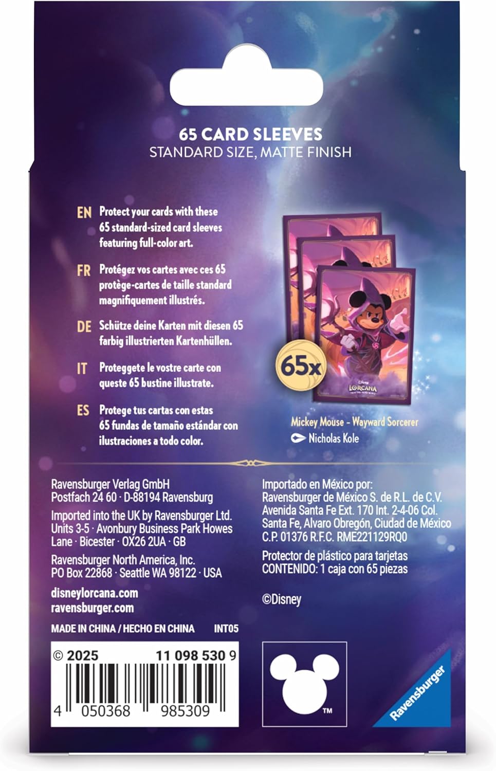 Ravensburger Disney Lorcana TCG Card Sleeves Featuring Mickey Mouse - Wayward Sorcerer | 65 Protective Sleeves for TCG Decks | Ages 8+