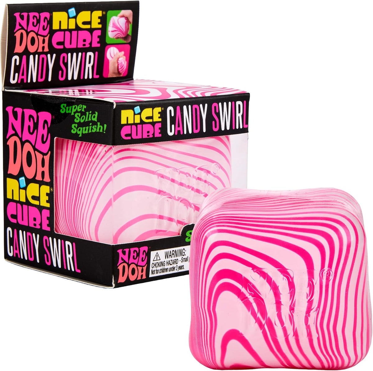 Schylling Candy Swirl Nice Cube - Sensory Squeeze Toy with Super Solid Squish - 2.25" Cube - Pink and White