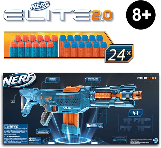 Nerf Elite 2.0 Echo CS-10 Blaster - 24 Official Darts, 10-Dart Clip, Removable Stock and Barrel Extension, 5 Tactical Rails
