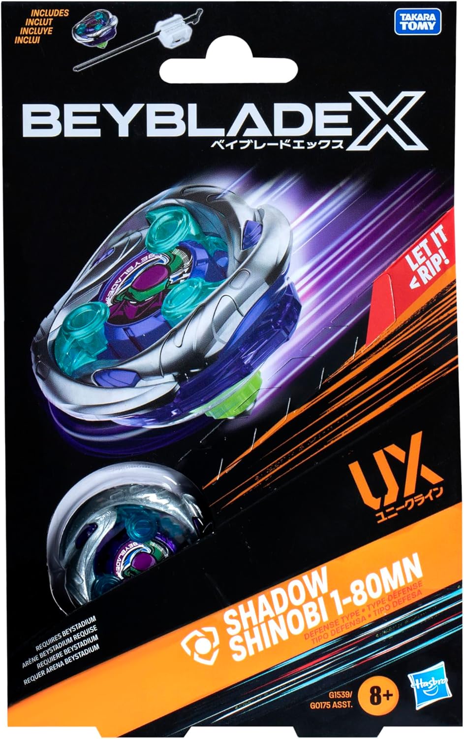 Beyblade X Shadow Shinobi 1-80MN UX Starter Pack Set with Defense Type Top and Launcher; Authentic Takara Tomy Battle Tops Games/Toys for Boys and Girls 8+