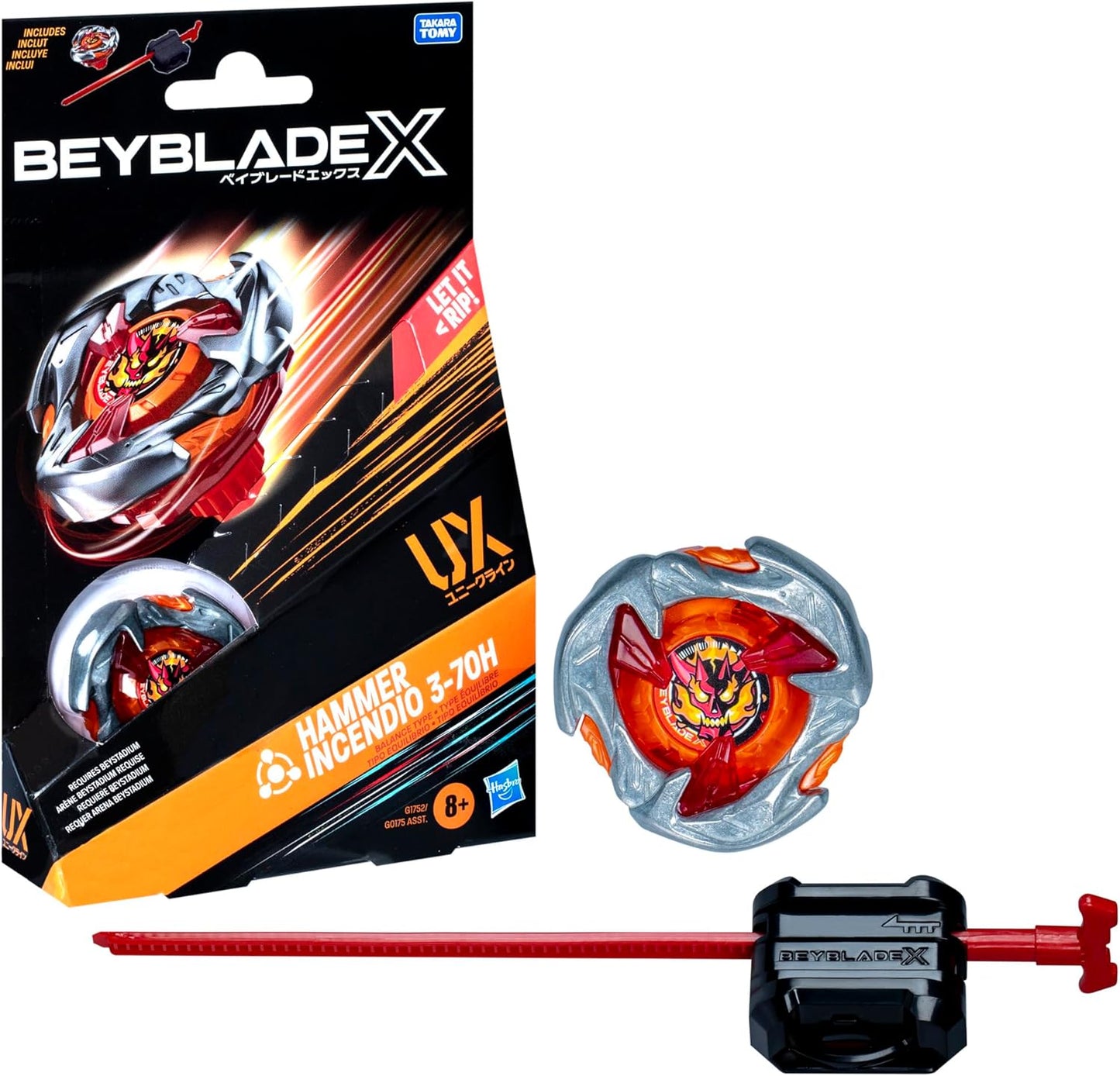 Beyblade X Hammer Incendio 3-70H UX Starter Pack Set with Balance Type Top and Launcher; Authentic Takara Tomy Battle Tops Games/Toys for Boys and Girls 8+