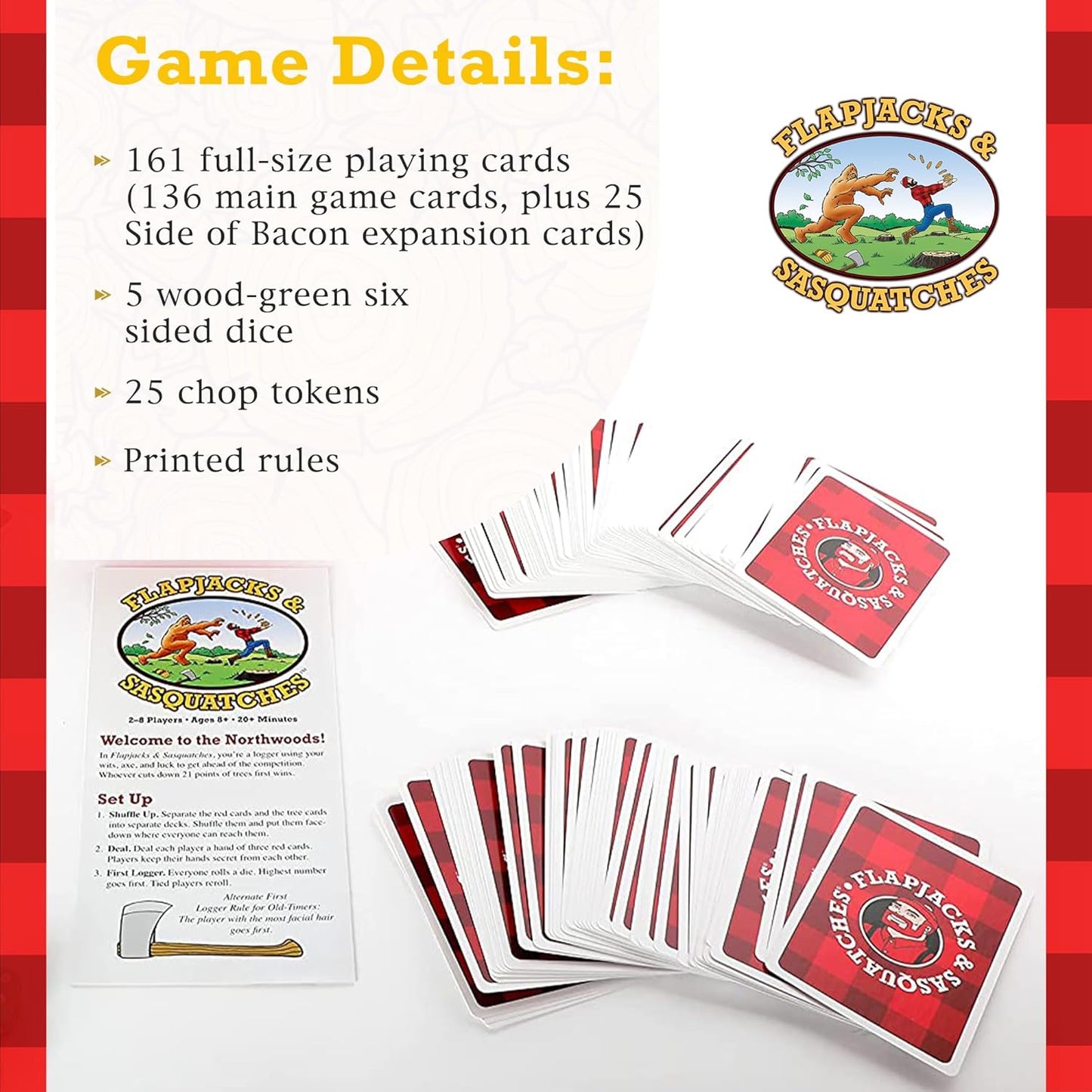Prolific Games Flapjacks & Sasquatches - Upgraded 2nd Edition, Family Card & Dice Game for 2-8 Players, 20-Minute Rounds, Fun for Kids & Adults, Perfect for Family Game Nights and Camping Trips