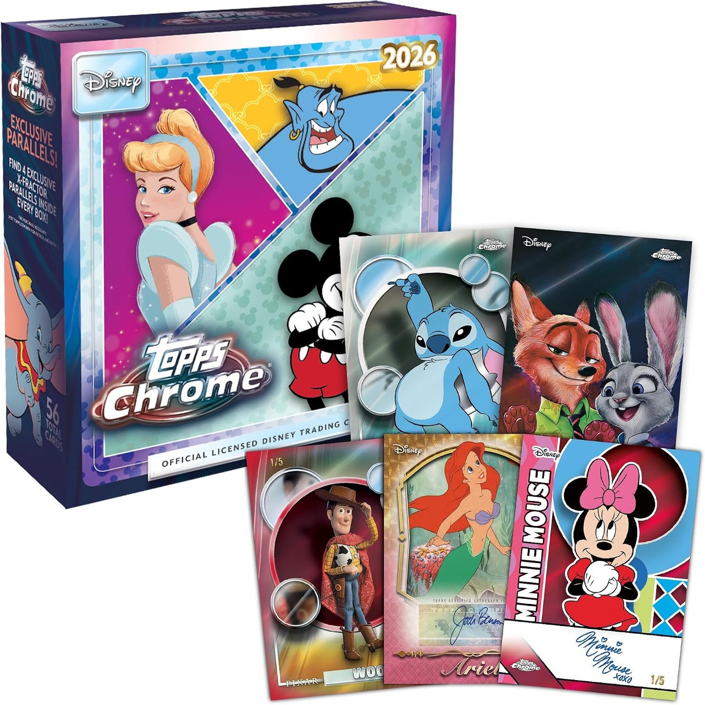 Topps 2026 Chrome Disney Trading Cards Mega Box – 8 Packs, 7 Cards per Pack, 56 Cards Total, 4 Exclusive X-Fractor Parallels