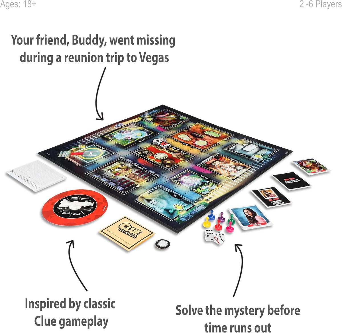 Hasbro Gaming Clue: What Happened Last Night? Lost in Vegas Board Game, Adult Mystery Party Game, 2-6 Players