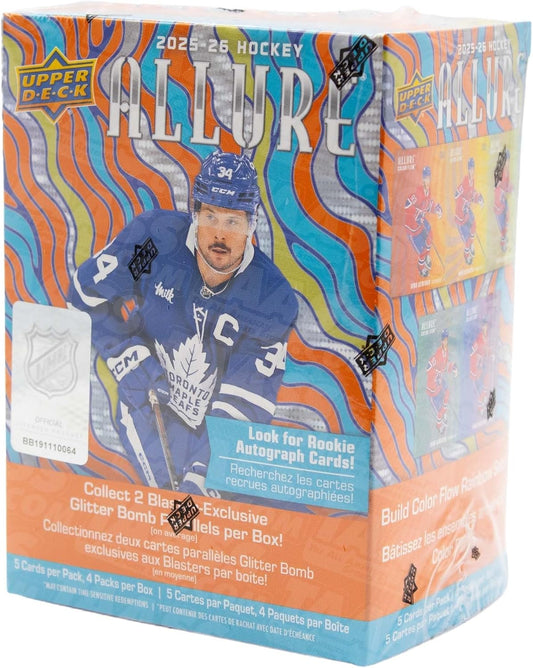 2025-26 Upper Deck Allure Hockey Trading Card Blaster Box – 4 Packs, 5 Cards per Pack – 20 Total Cards – Glitter Bomb Parallels