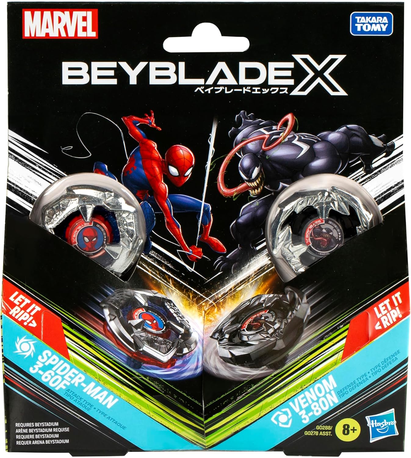 Beyblade X Marvel Collab Spider-Man 3-60F vs. Venom 3-80N Multipack Set, Includes 2 Right-Spin Tops & Launchers, Spinning Toys for Kids 8+, Boys and Girls