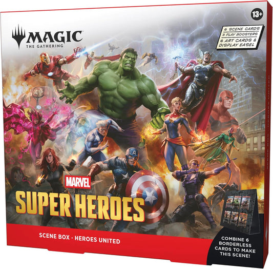Magic: The Gathering Marvel Super Heroes Scene Box - Heroes United - 6 Foil Borderless Scene Cards, 6 Art Cards, 3 Play Boosters + Display Easel - Presale Ships 06/26/2026