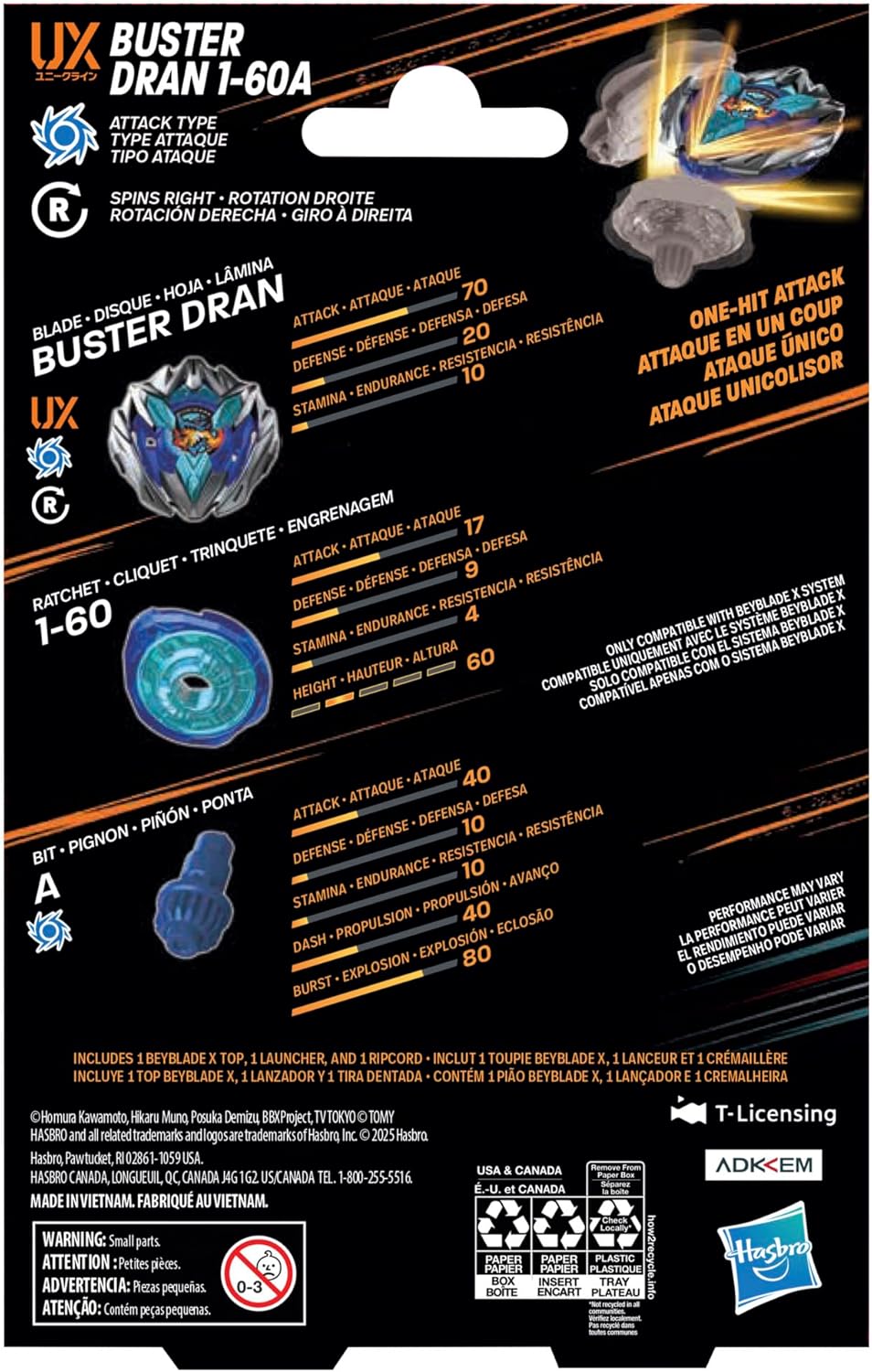 Beyblade X Buster Dran 1-60A UX Starter Pack Set with Attack Type Top and Launcher; Authentic Takara Tomy Battle Tops Games/Toys for Boys and Girls 8+