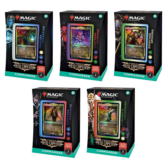Magic: The Gathering Streets of New Capenna 5 Commander Deck Bundle – Includes 1 Obscura Operation, 1 Maestros Massacre, 1 Riveteers Rampage, 1 Cabaretti Cacophony, 1 Bedecked Brokers
