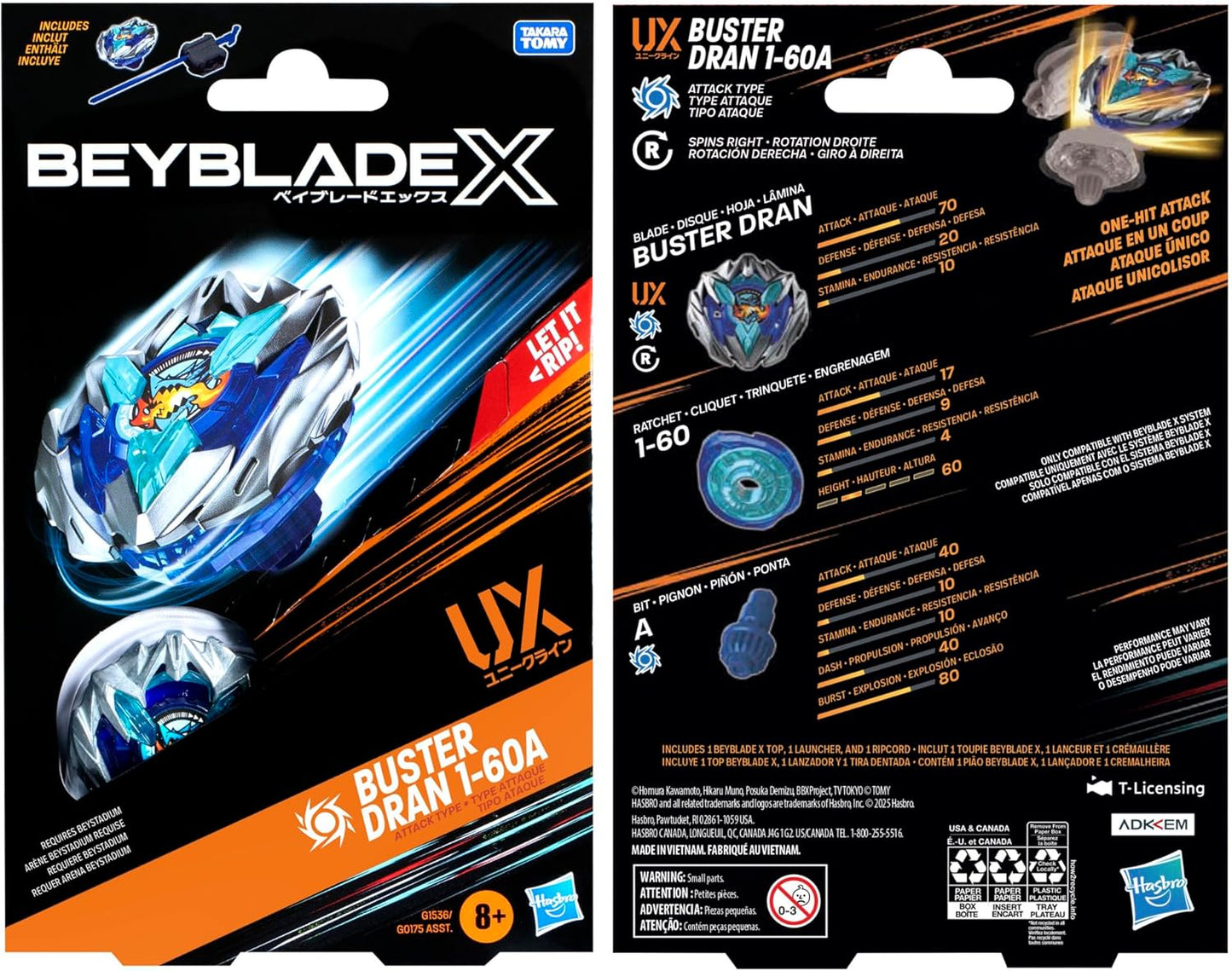 Beyblade X Buster Dran 1-60A UX Starter Pack Set with Attack Type Top and Launcher; Authentic Takara Tomy Battle Tops Games/Toys for Boys and Girls 8+