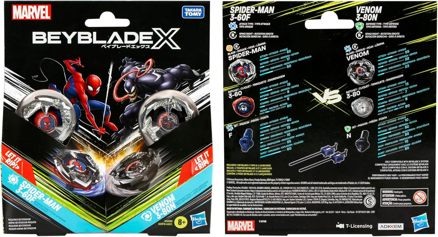 Beyblade X Marvel Collab Spider-Man 3-60F vs. Venom 3-80N Multipack Set, Includes 2 Right-Spin Tops & Launchers, Spinning Toys for Kids 8+, Boys and Girls