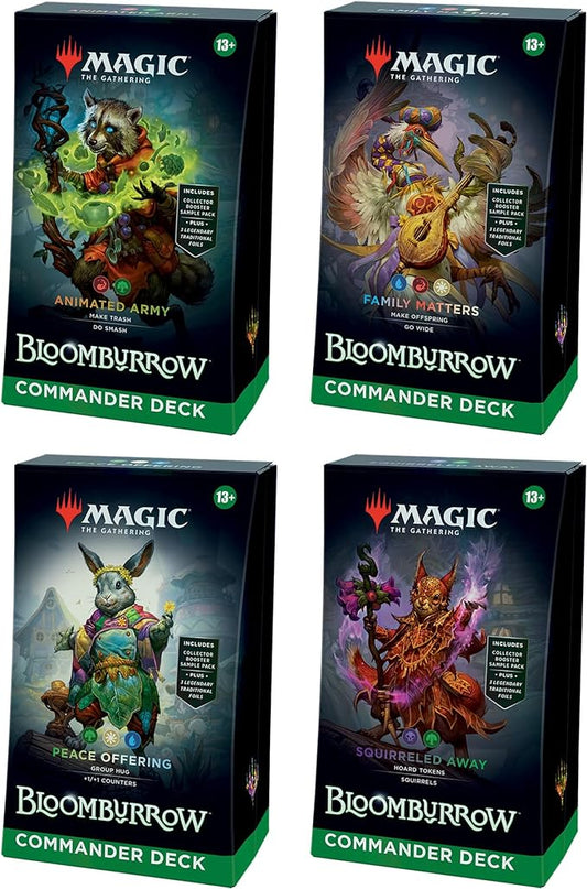 MAGIC THE GATHERING: BLOOMBURROW: COMMANDER DECK DISPLAY - INCLUDES: Animated Army, Family Matters, Peace Offering, and Squirreled Away PREORDER: RELEASE - 08/02/2024