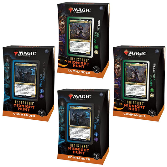 Bundle of 4 Magic: The Gathering Innistrad: Midnight Hunt Commander Decks | 2 Coven Counters + 2 Undead Unleashed