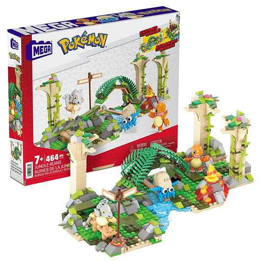 Mega Pokemon Action Figures Collectible Building Toy, Charmander, Cubone and Omanyte, Jungle Ruins with Motion Brick and Kinetic Action