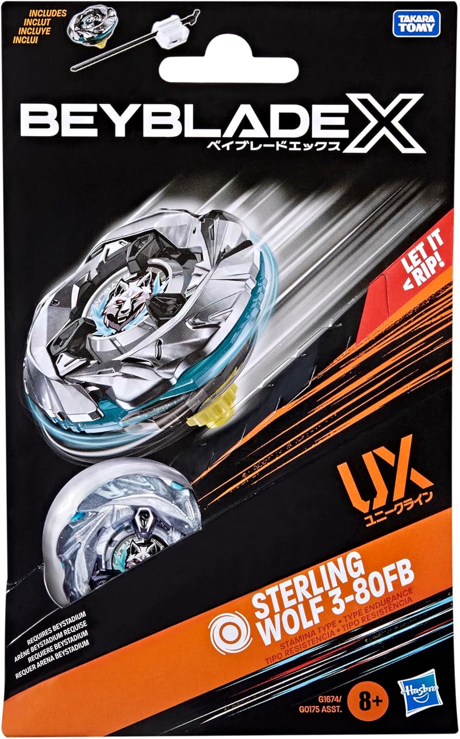 BeyBlade X Sterling Wolf 3-80FB UX Starter Pack Set with Stamina Type Top and Launcher, Authentic Takara Tomy Battle Tops Games, Toys for Boys and Girls 8+