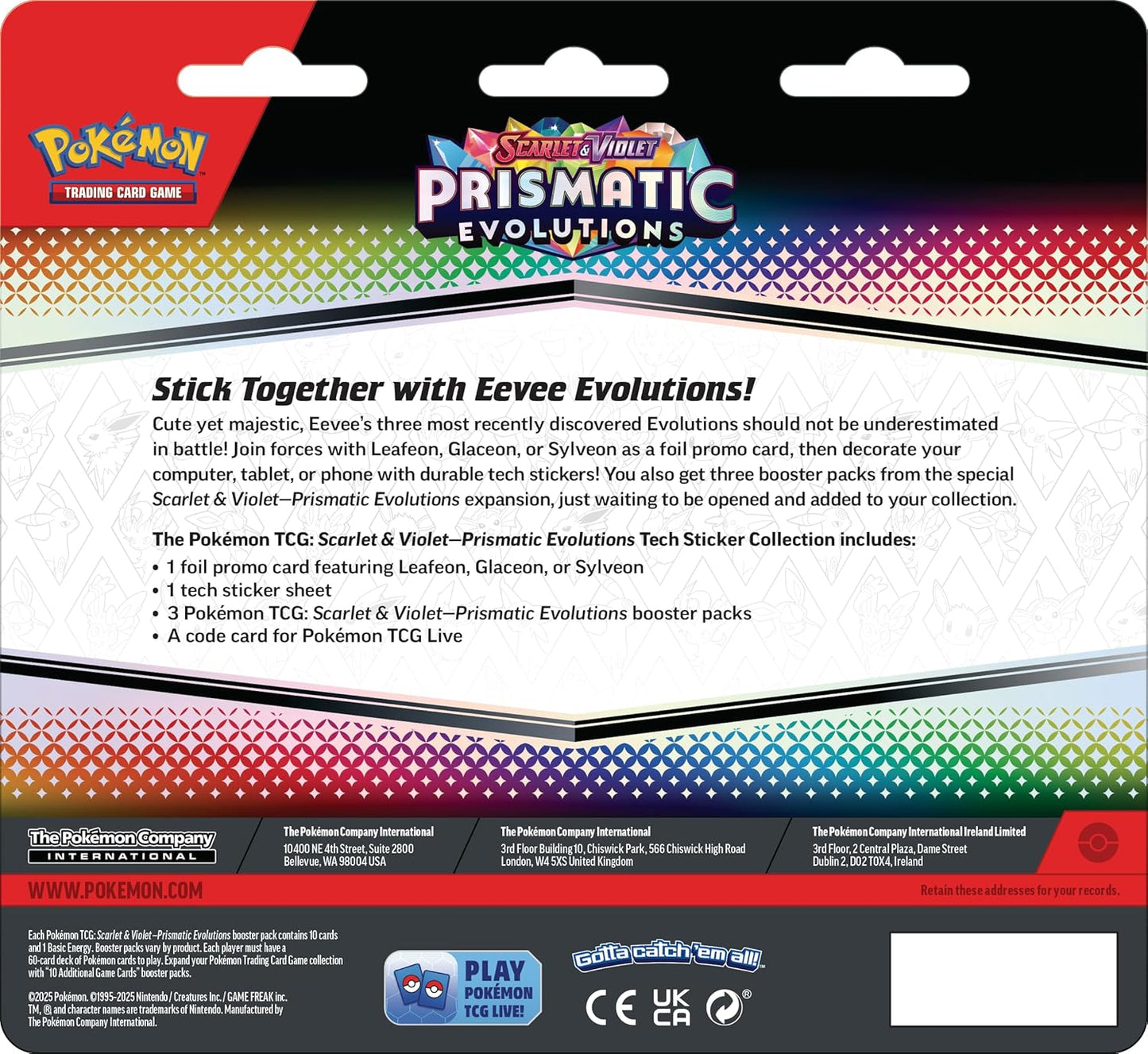 Pokemon TCG: Scarlet & Violet—Prismatic Evolutions Tech Sticker Collection – Glaceon (1 Foil Promo Card & 3 Booster Packs)