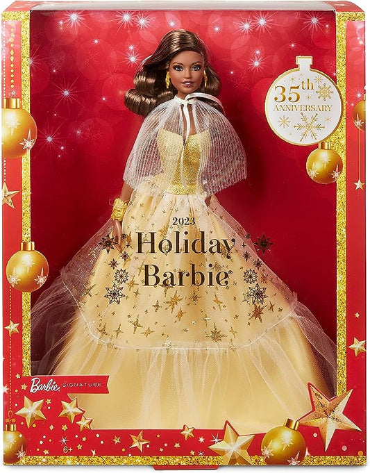 2023 Holiday Barbie Doll, Seasonal Collector Gift, Barbie Signature, Golden Gown and Displayable Packaging, Dark Brown Hair