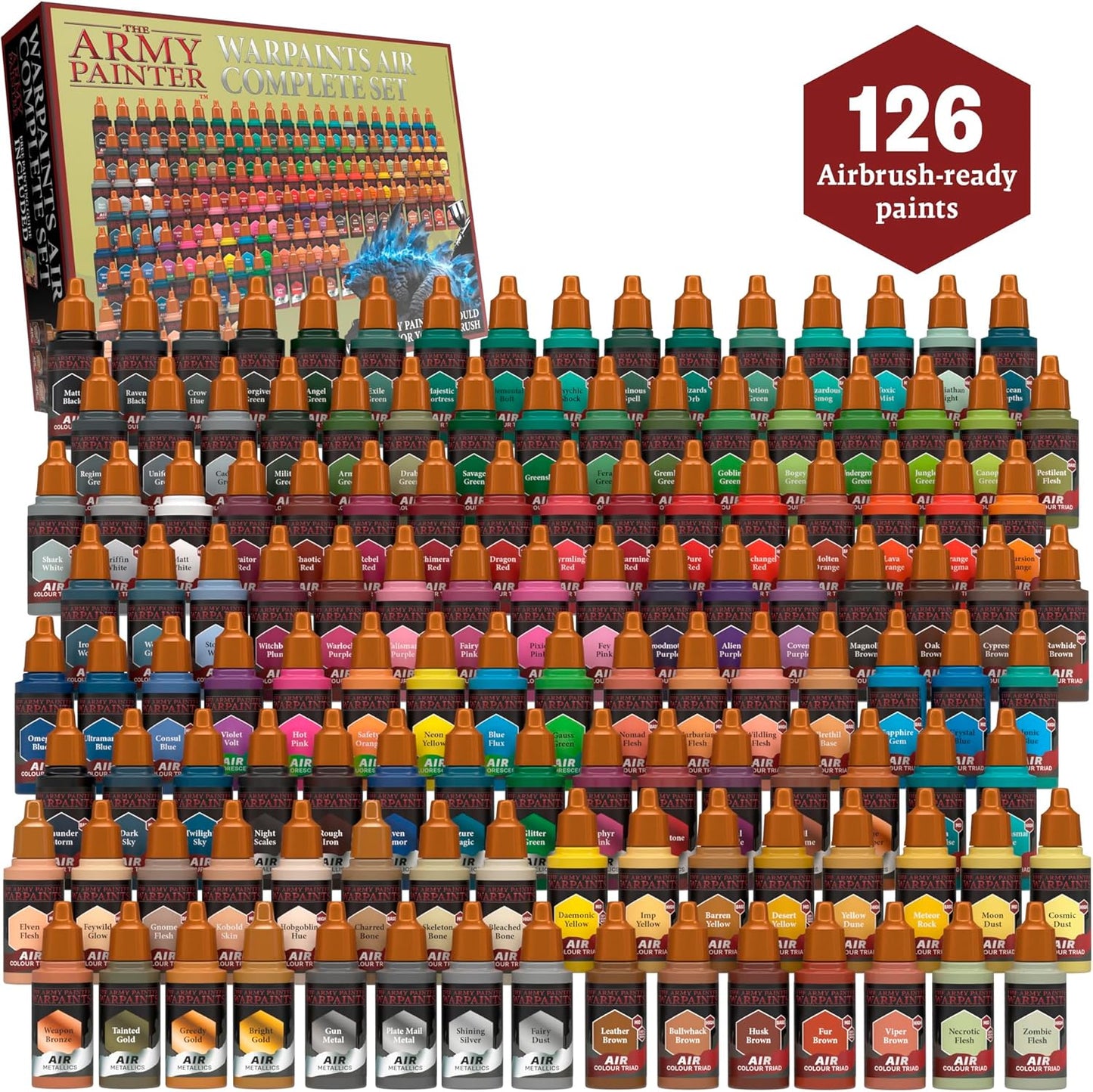 The Army Painter Warpaints Air Complete Set, 126 Non-Toxic Water Based Airbrush Paint Set - Paint for Tabletop Roleplaying, Boardgames, and Wargames Model Painting