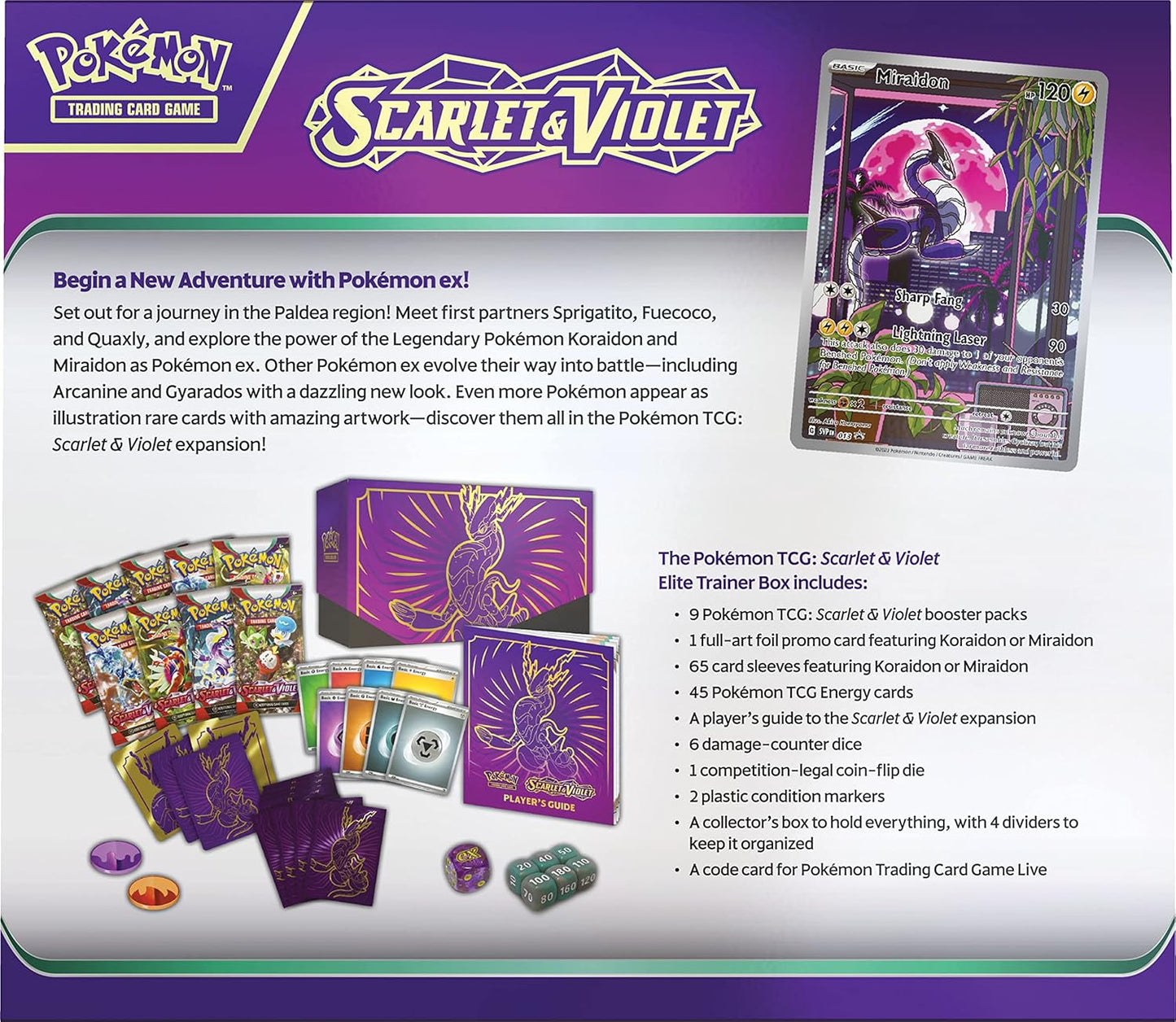 Pokemon TCG: Scarlet and Violet Elite Trainer Box - Miraidon Purple (1 Full Art Promo Card, 9 Boosters and Premium Accessories)