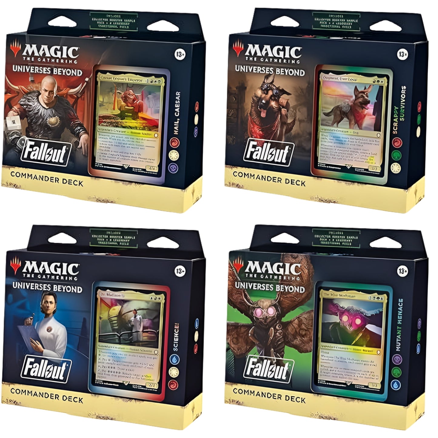 MAGIC THE GATHERING: FALLOUT COMMANDER Deck BUNDLE – Includes All 4 Decks (1 Hail Caesar, 1 Scrappy Survivors, 1 Science!, and 1 Mutant Menace)