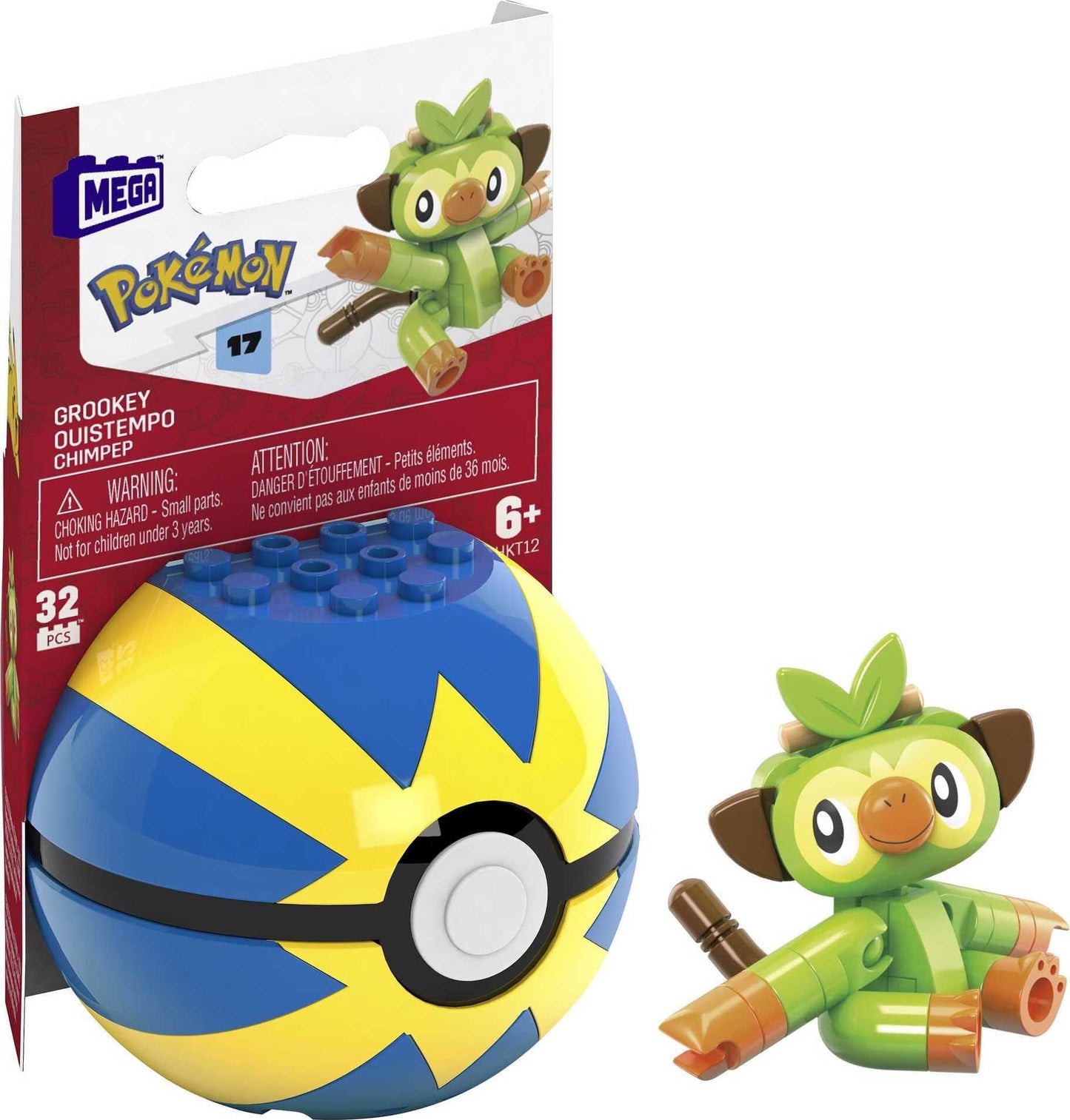 MEGA Pokemon Building Toy Kit Grookey (32 Pieces) with 1 Action Figure and Ball for Kids