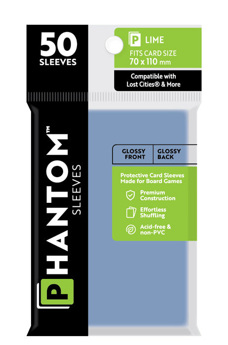 Phantom Sleeves: "Lime Size" (70mm x 110mm) - Gloss/Gloss (50) (Compatible with: Lost Cities® and More)