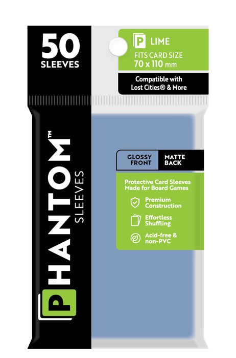 Phantom Sleeves: "Lime Size" (70mm x 110mm) - Gloss/Matte (50) (Compatible with: Lost Cities® and More)