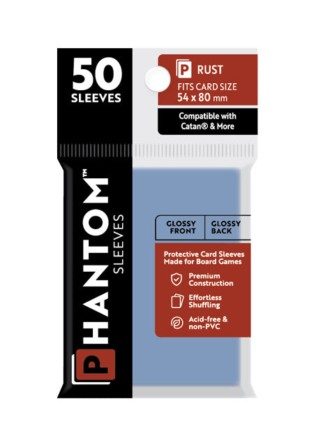 10 Packs Phantom Sleeves: "Rust Size" (54mm x 80mm) - Gloss Gloss (50) (Compatible with: Catan and More) Display Case